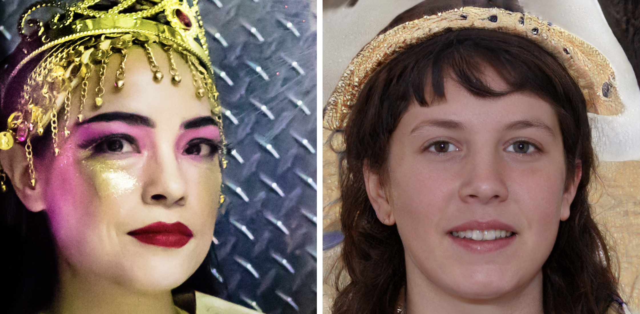 Eight pictures of faces, half of which are real and half are AI generated.