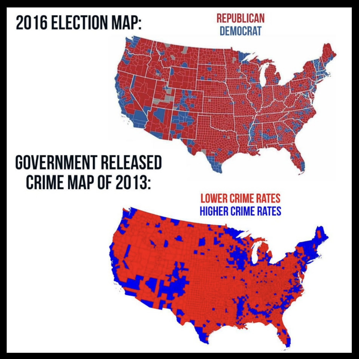 Two county-by-county maps purporting to show similarities between voting and rates of crime.
