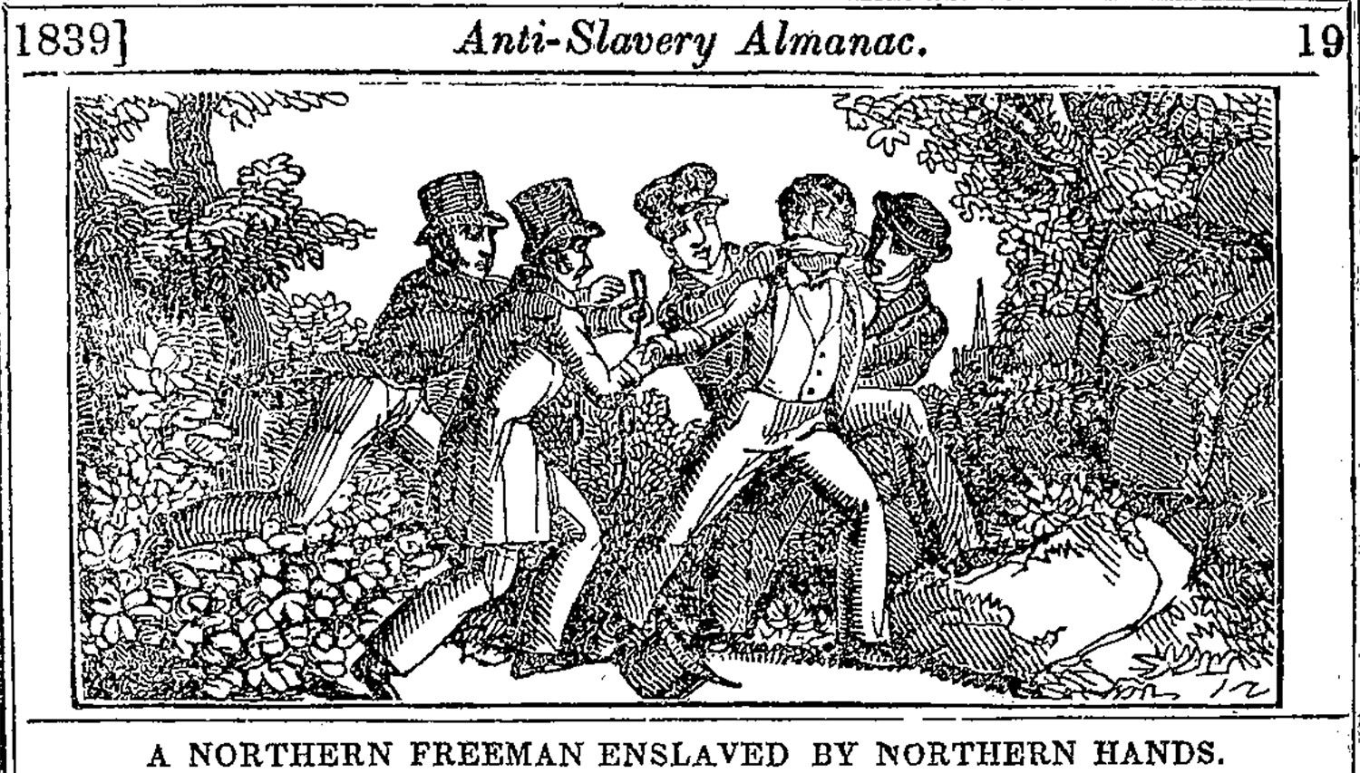 A black and white woodcut of four white men attacking a Black man, captioned “A Northern Freeman Enslaved by Northern Hands.”