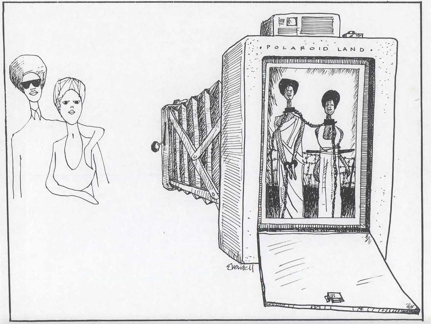 Black and white sketch of a Polaroid camera photographing a phenotypically Black couple. In the camera’s film, the couple appears in chains.