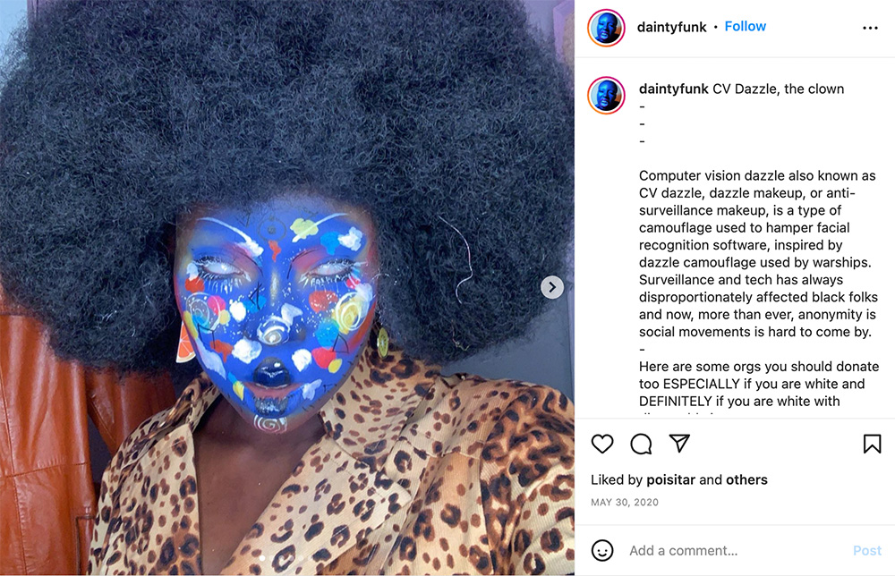 Instagram post showing CV Dazzle makeup.