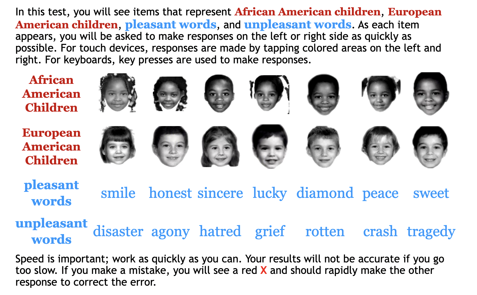 Screenshot of instructions to identify children’s faces as either African American or European American and words as pleasant or unpleasant.